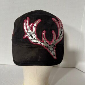 Girls with Guns Black Pink Deer Skull Embroidered Cotton Cadet Hat Cap